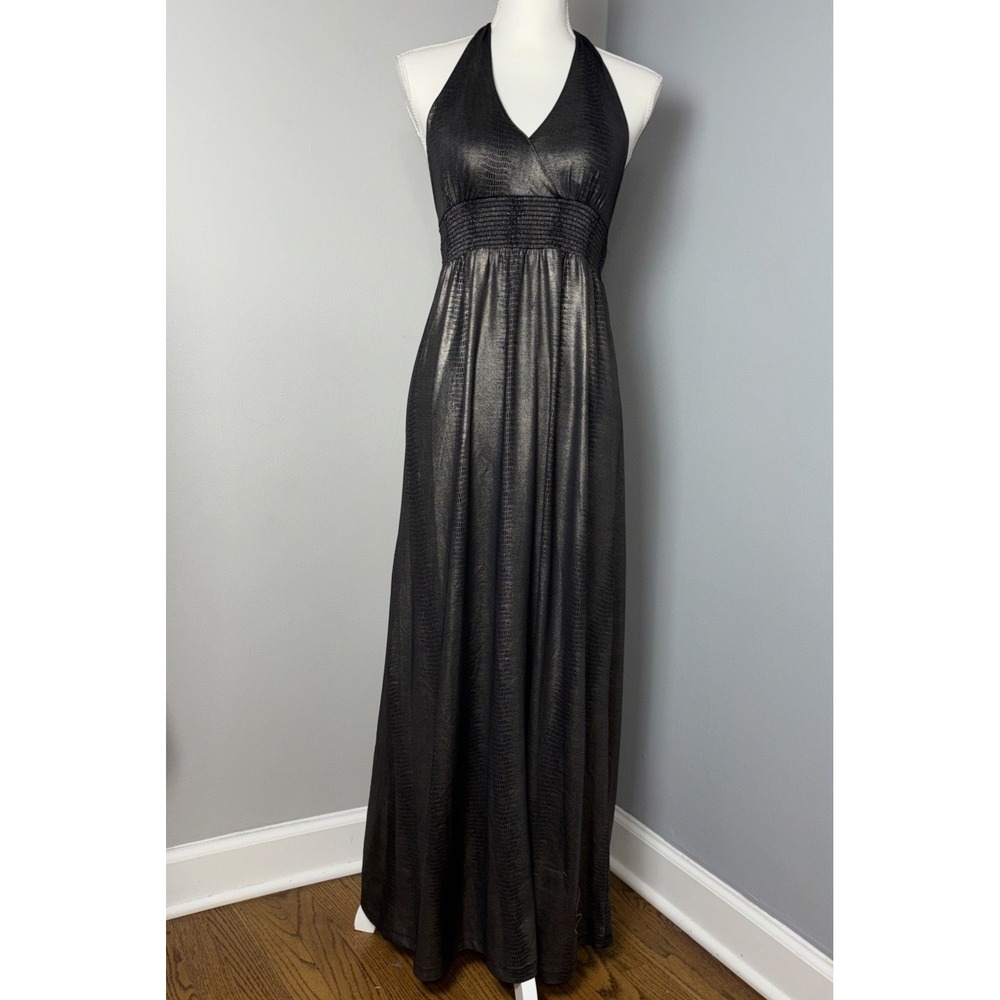 Vintage Baby Phat Y2K Halter Maxi Dress Stretch Snake Skin Pattern Black Medium